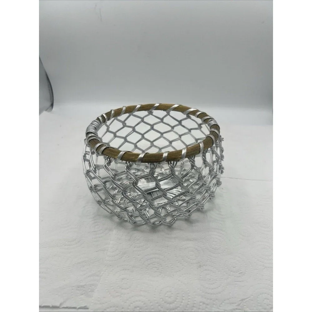 Vintage Brutalist WireBasket Woven Aluminum & Brass Mid-Century MCM Bowl 6.5